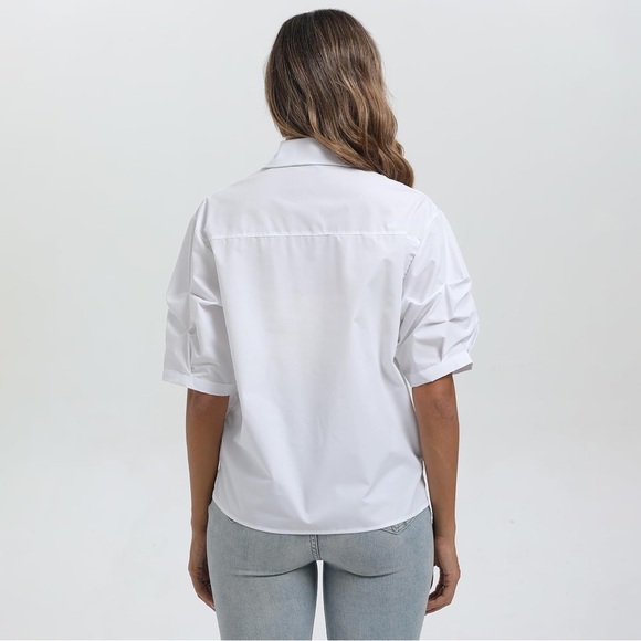 White Puff-Sleeve V-Neck Blouse - Picture 3 of 4